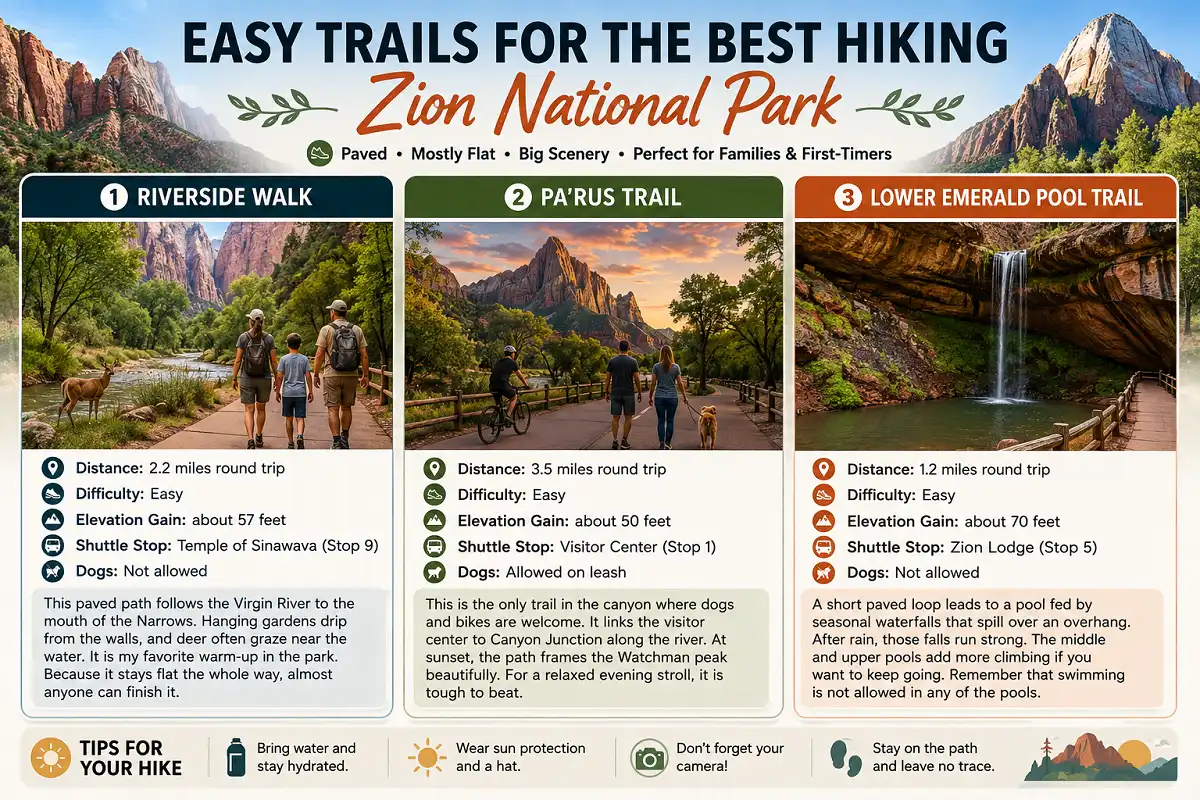 Infographic highlighting three easy hiking trails in Zion National Park: Riverside Walk, Pa'rus Trail, and Lower Emerald Pool Trail, with trail distances, difficulty, elevation gain, shuttle stops, dog policies, and scenic views of the Virgin River, Watchman Peak, and seasonal waterfalls.