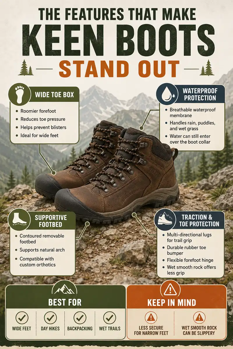 Infographic explaining the key features that make KEEN hiking boots stand out, including the wide toe box, waterproof protection, supportive footbed, durable toe bumper, and trail traction