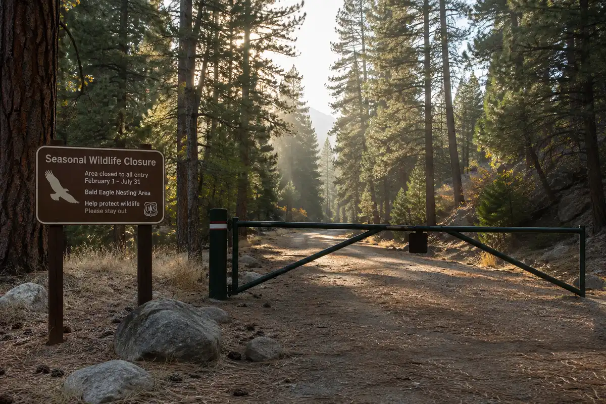 Closed metal gate and seasonal wildlife closure sign at a forest trailhead near Big Bear Lake