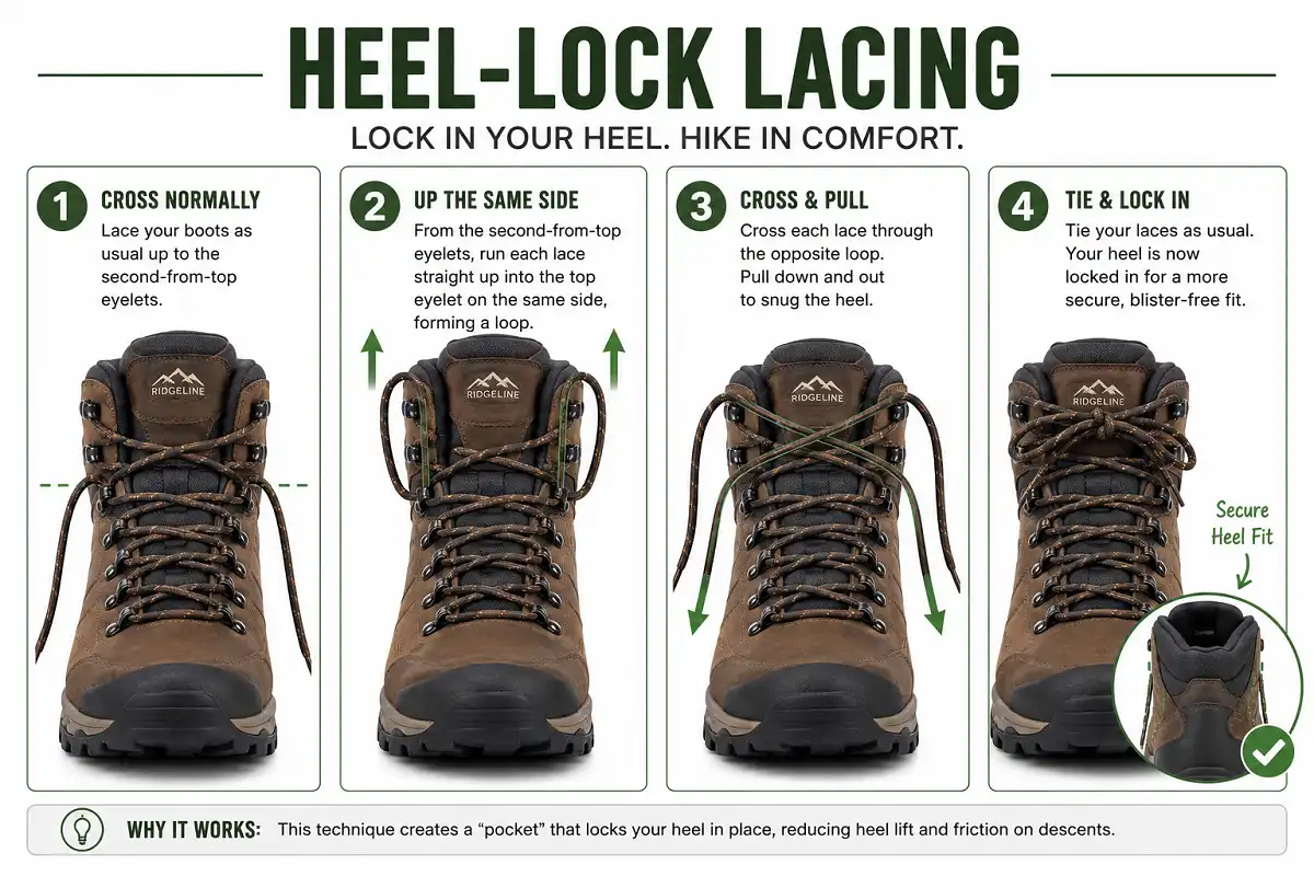 Four step sequence showing how to tie a heel lock knot using the top eyelets of a hiking boot