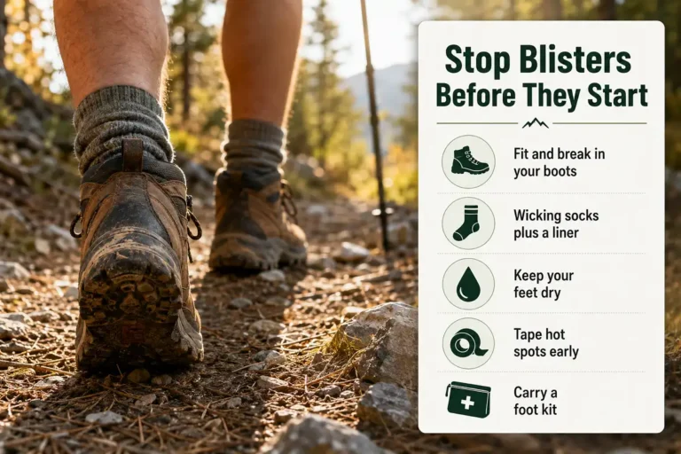 Close up of a hiker's boots on a dirt trail beside a panel listing key steps to keep feet blister free