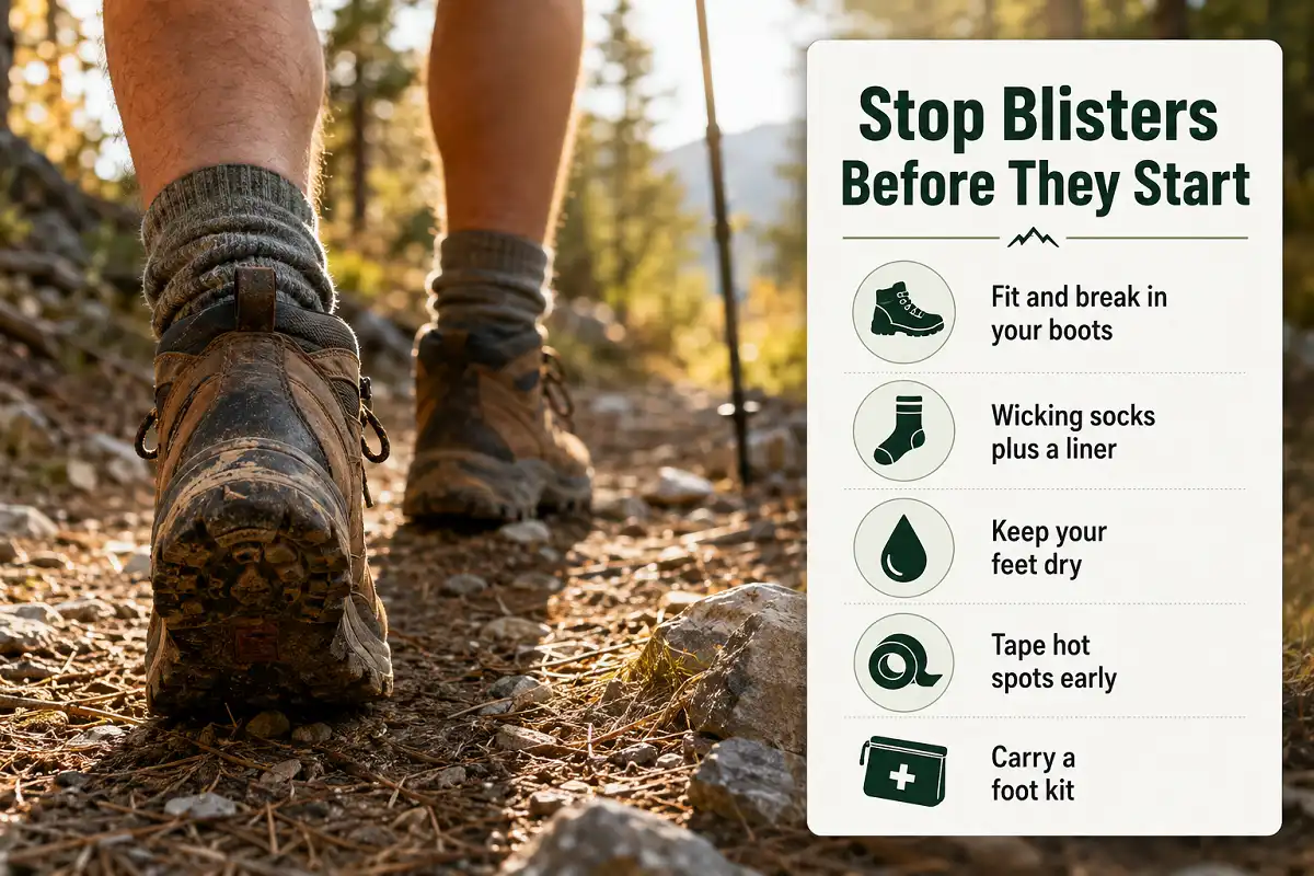 Close up of a hiker's boots on a dirt trail beside a panel listing key steps to keep feet blister free