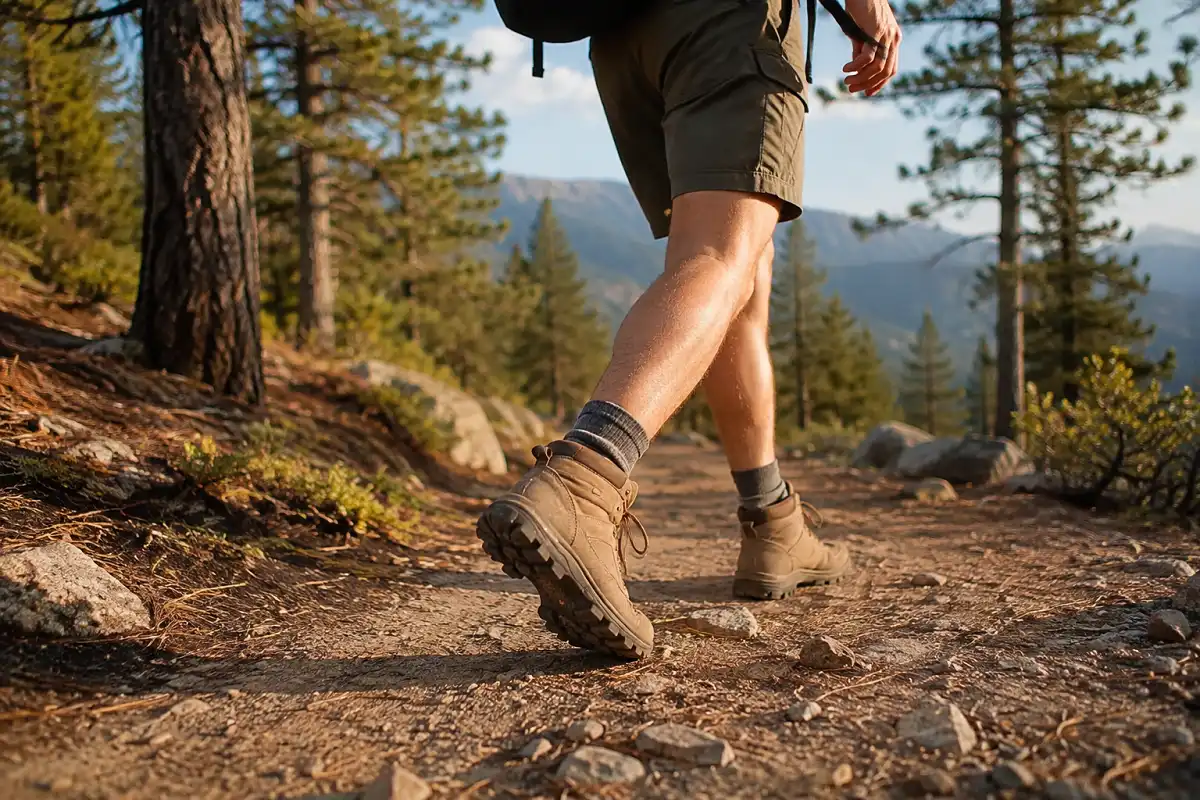 Hiker wearing mid-height hiking boots while walking on a dirt trail