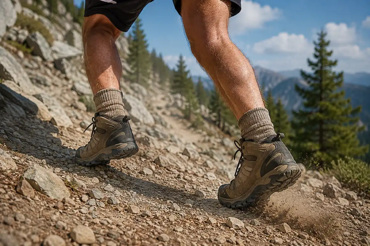Hiker wearing wool socks and boots while walking on a rocky mountain trail