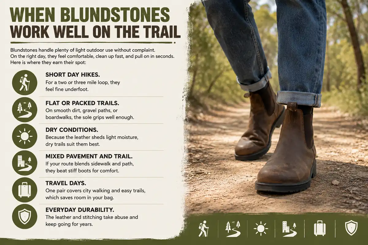 Hiker wearing Blundstone Chelsea boots on a flat packed dirt trail
