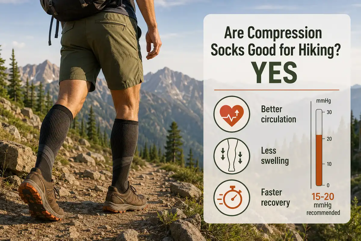 Hiker on a mountain trail in knee-high compression socks beside text reading better circulation, less swelling, and faster recovery