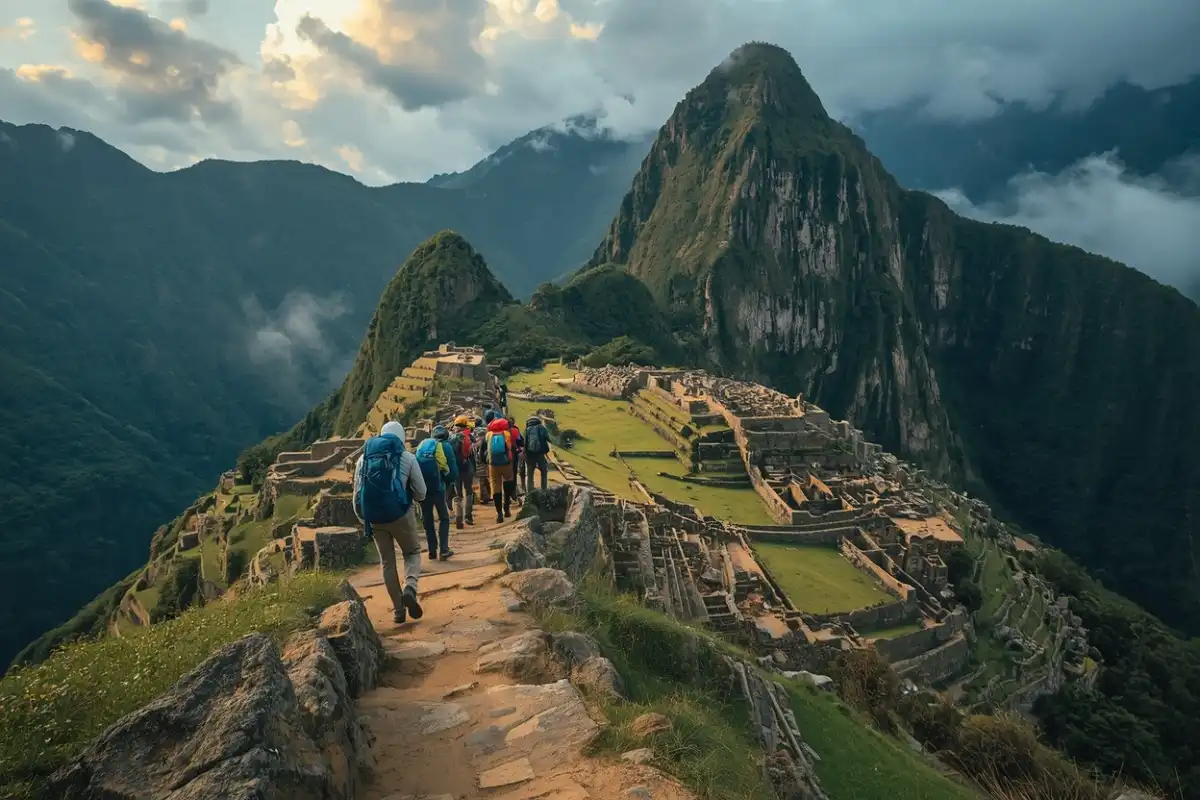 Hikers trekking toward Machu Picchu at sunrise with Andes mountains