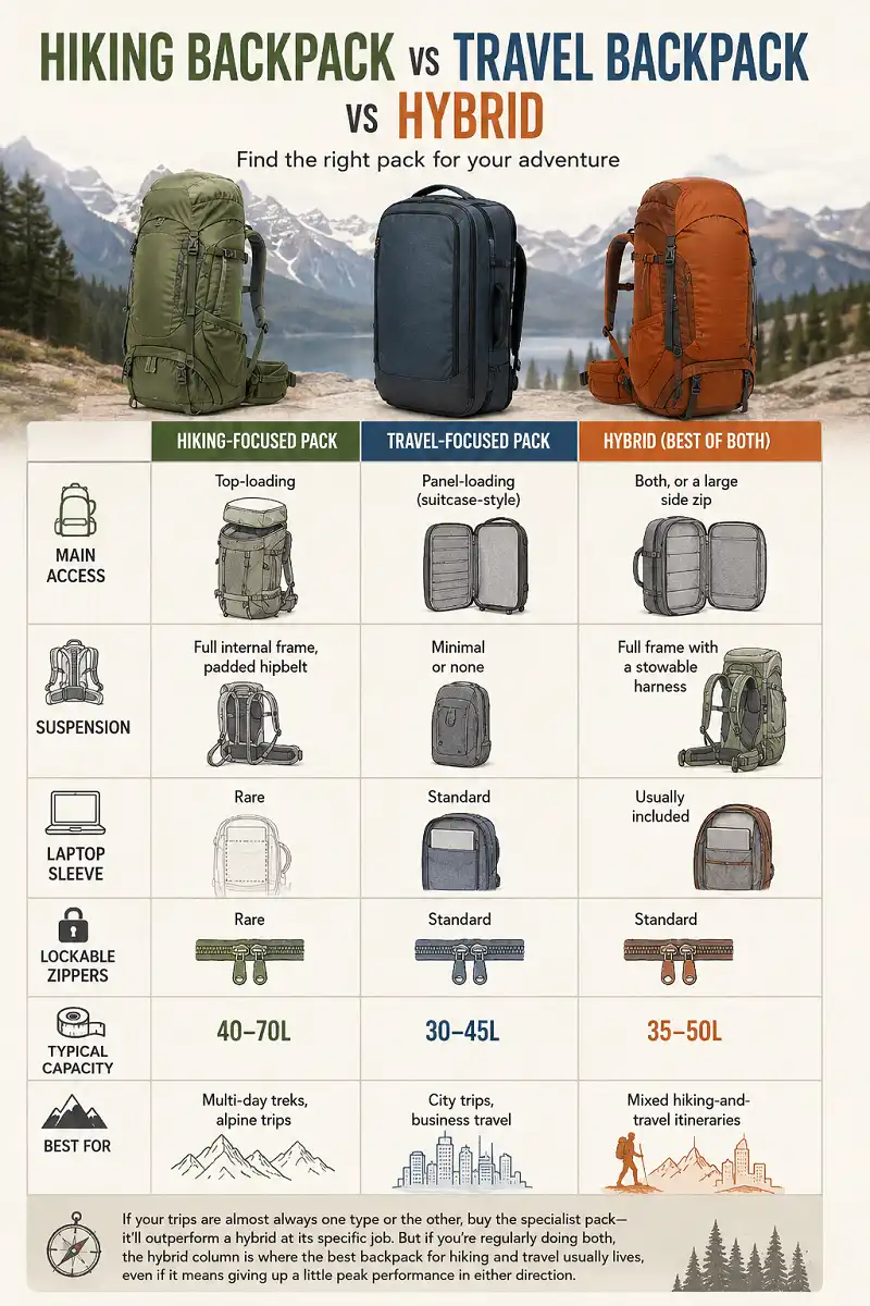 Infographic comparing hiking, travel, and hybrid backpacks by access, suspension, laptop sleeve, lockable zippers, capacity, and ideal use