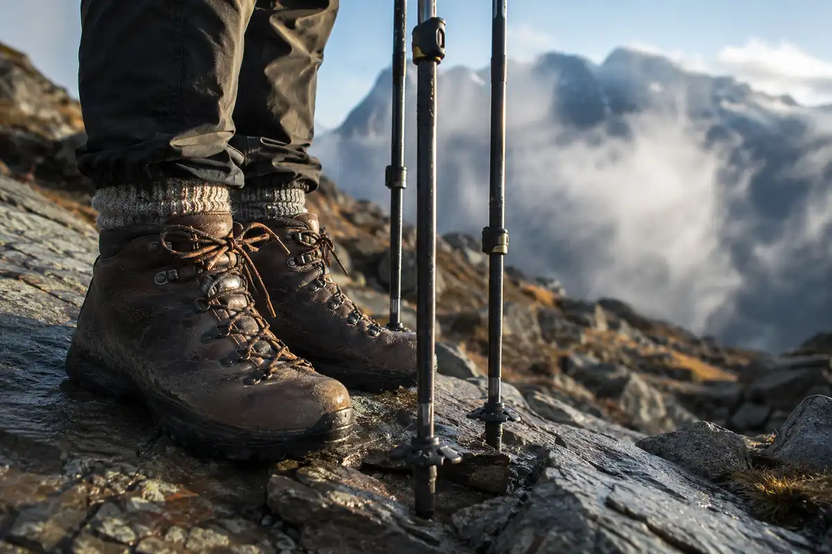 Hiking boots and trekking poles on a rocky alpine trail with misty peaks