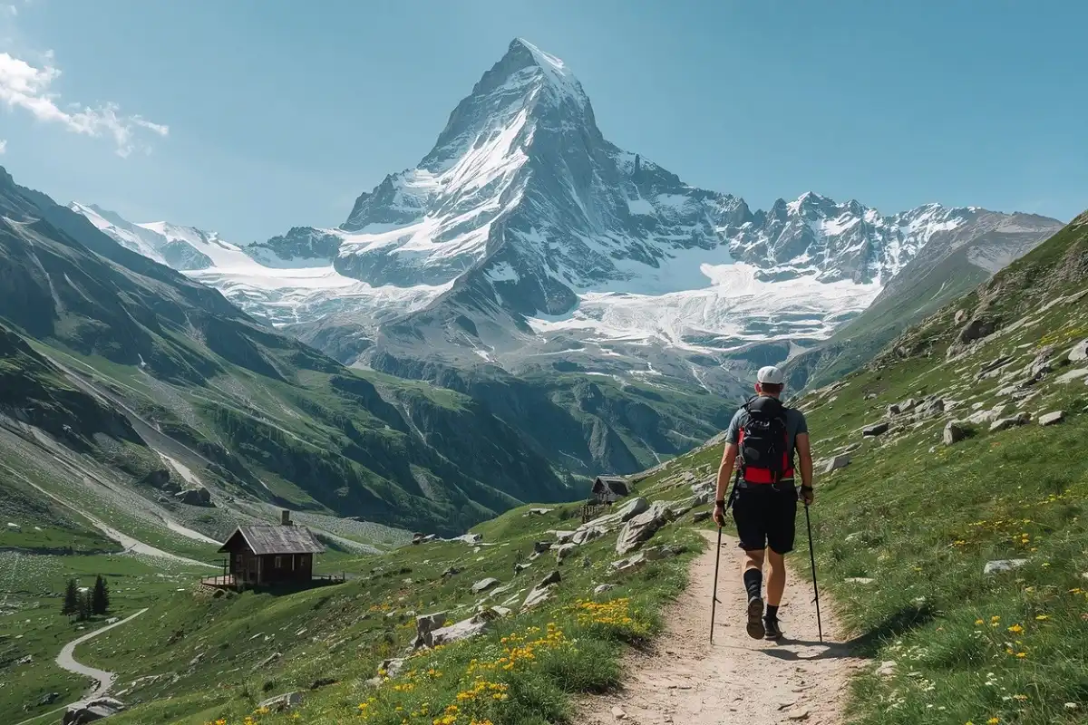 Hiker walking the Tour du Mont Blanc with snow capped Alpine peaks