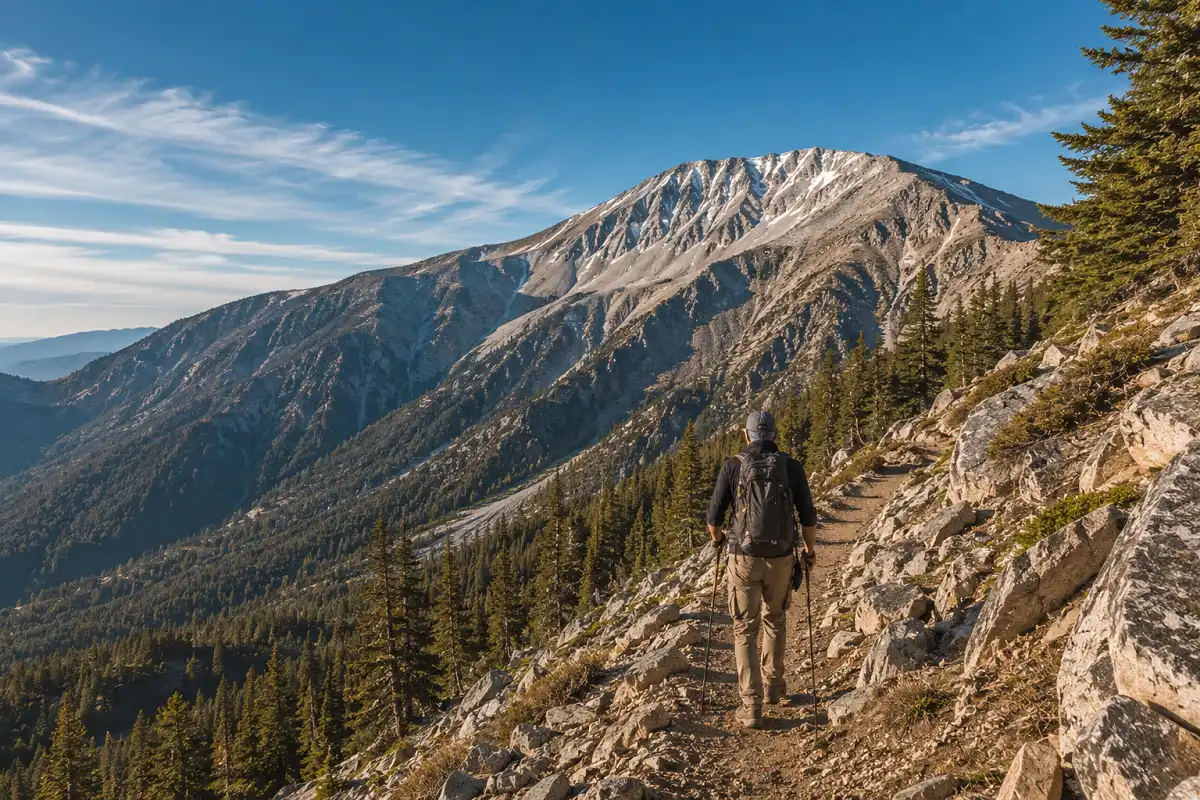 Hiker climbing a rugged trail toward San Gorgonio Mountain in Southern California