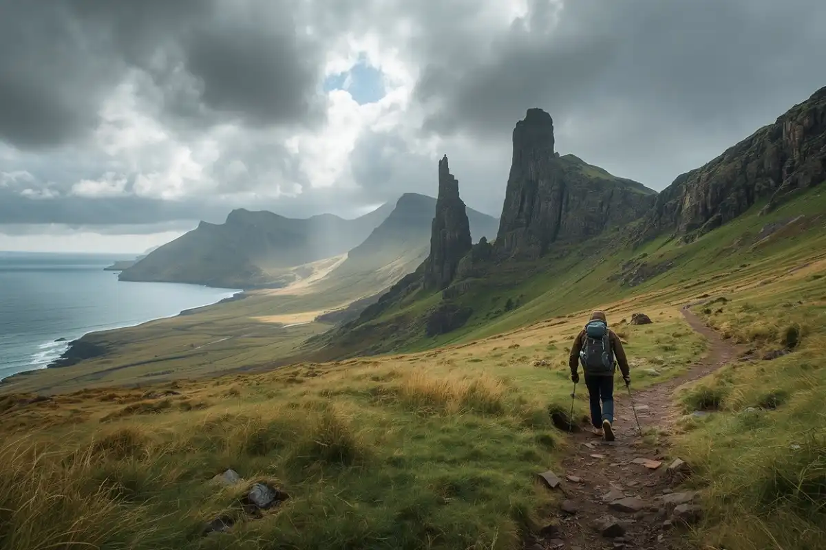 Hiker exploring rugged Quiraing rock formations on the Isle of Skye