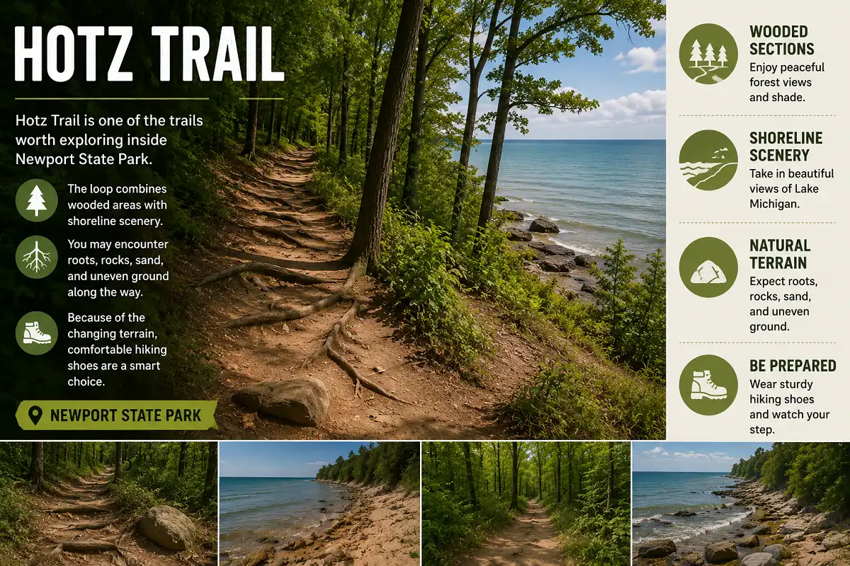 Hotz Trail at Newport State Park with wooded paths and shoreline scenery