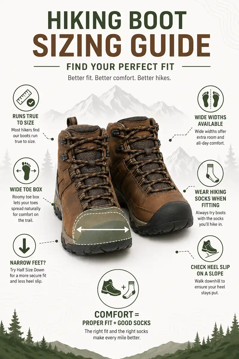 Infographic explaining how KEEN hiking boots fit, including true-to-size sizing, wide toe box, sizing tips, hiking socks, and checking heel slip