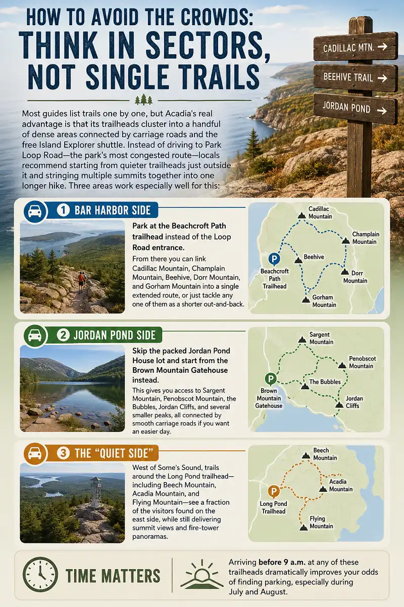 Infographic showing quieter Acadia trailheads and crowd avoidance tips