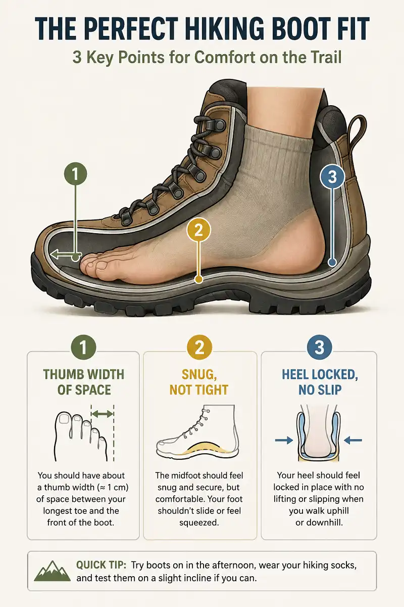 Checklist showing how to check hiking boot fit at the toe box, midfoot, and heel