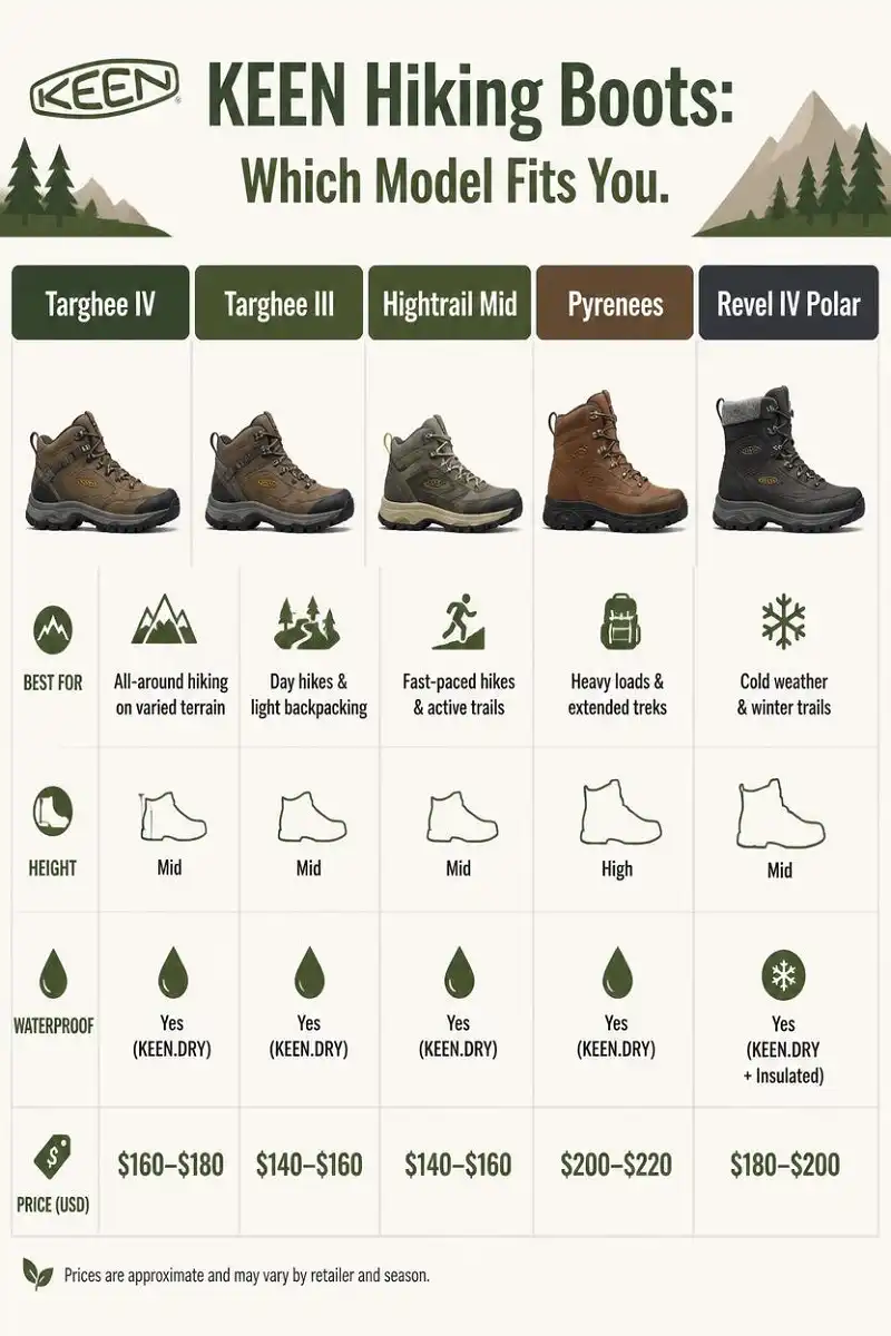 Comparison chart of five KEEN hiking boot models showing best use, height, waterproofing, and rough price range