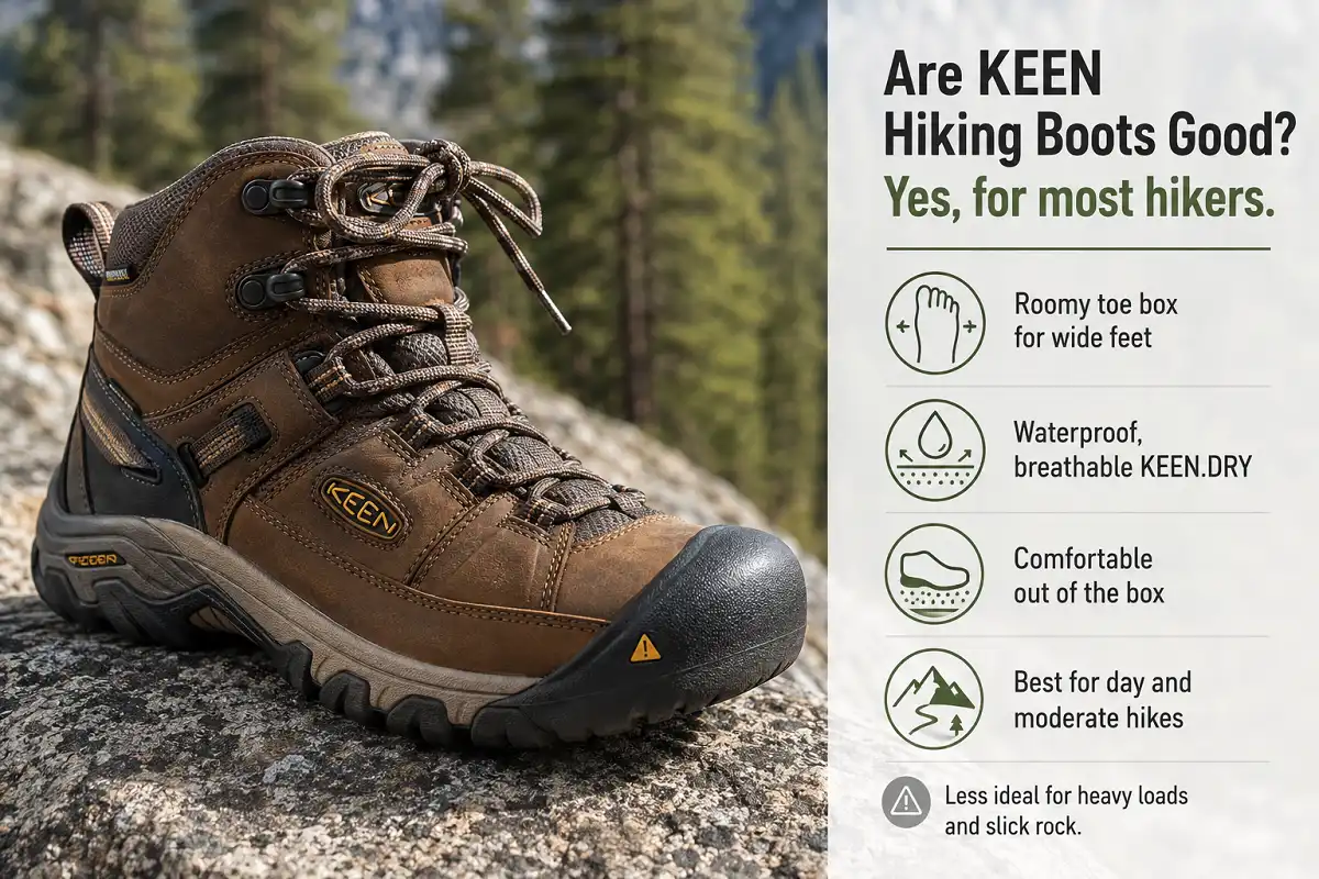 KEEN mid hiking boot on a rocky trail with callouts noting a wide toe box, waterproof liner, out of box comfort, and best use for day hikes