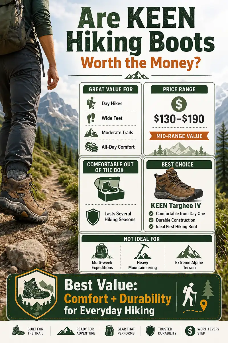 Infographic comparing KEEN hiking boot value for money, including price range, comfort, durability, ideal hiking uses, Targhee IV recommendation, and situations where rugged boots are better
