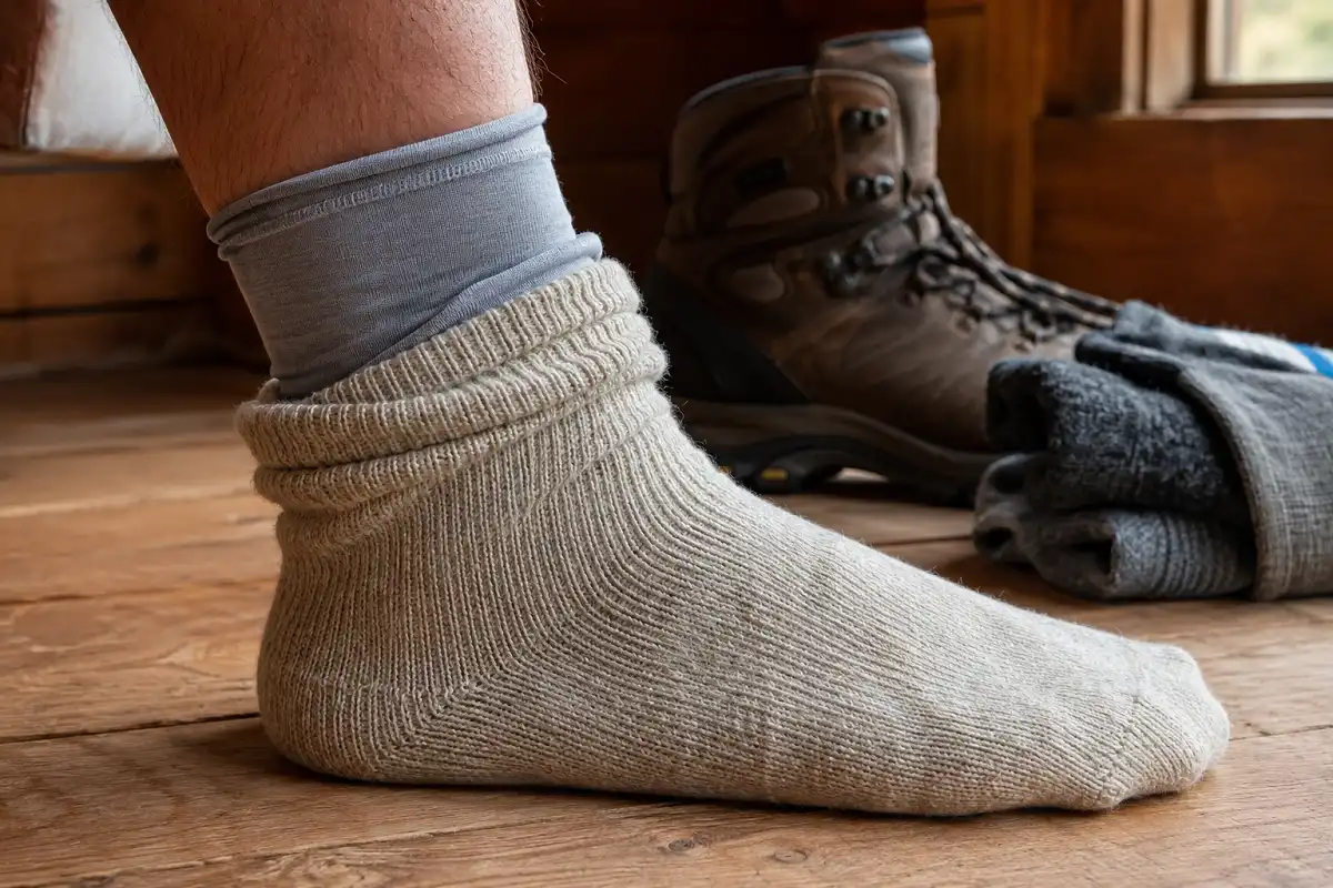A thin liner sock worn under a thicker merino wool hiking sock on a person's foot