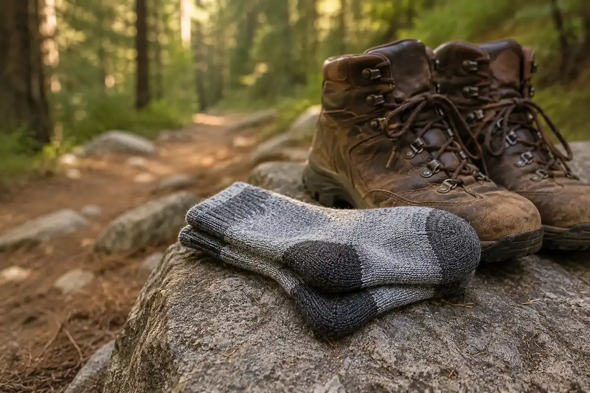 Gray merino wool hiking socks folded beside brown leather hiking boots on a rock