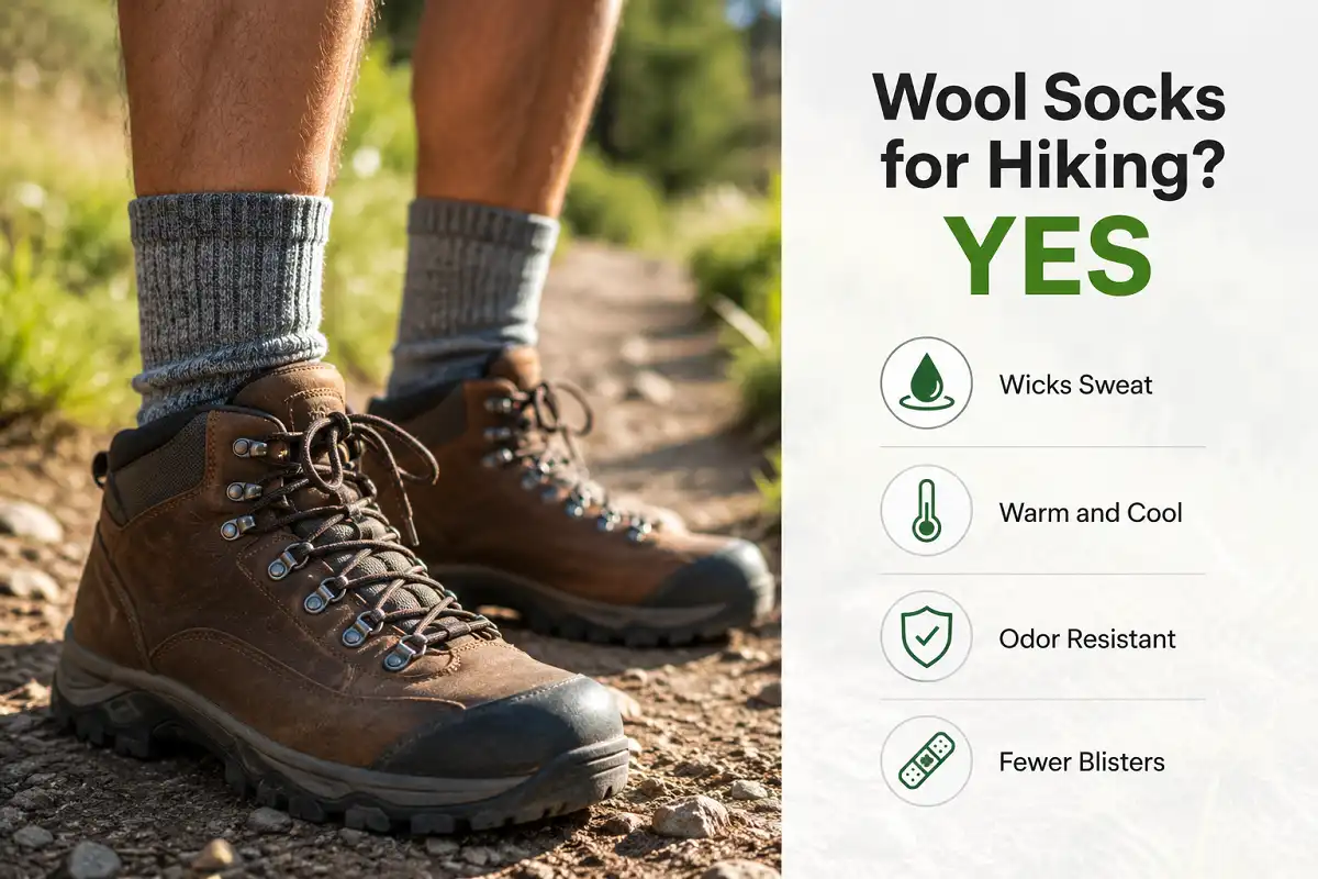Merino wool hiking socks and boots on a trail with labels for moisture wicking, temperature control, odor resistance, and blister protection