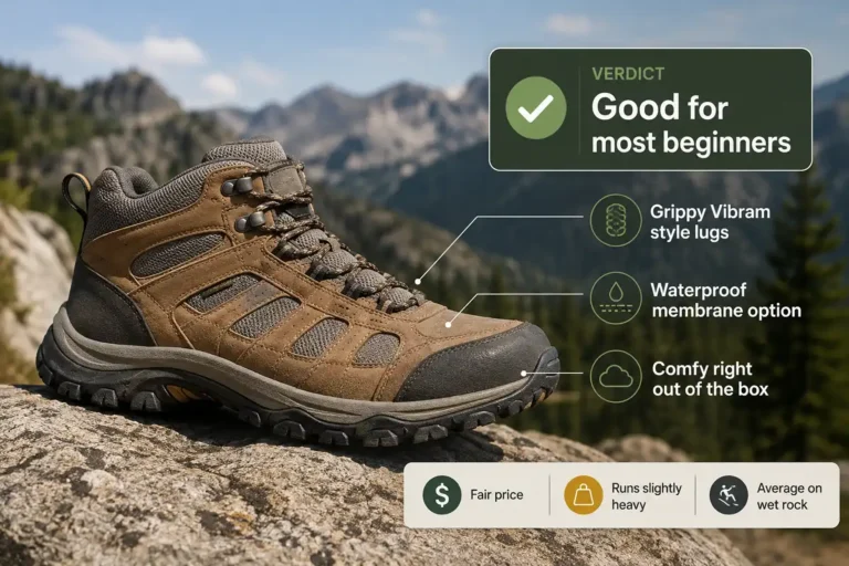 Brown leather and mesh mid height hiking boot on a rocky trail with callout labels pointing to the lugged rubber outsole, waterproof membrane, and cushioned ankle collar