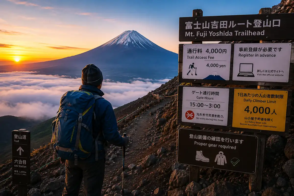 Hiker on Mount Fuji Yoshida Trail at sunrise