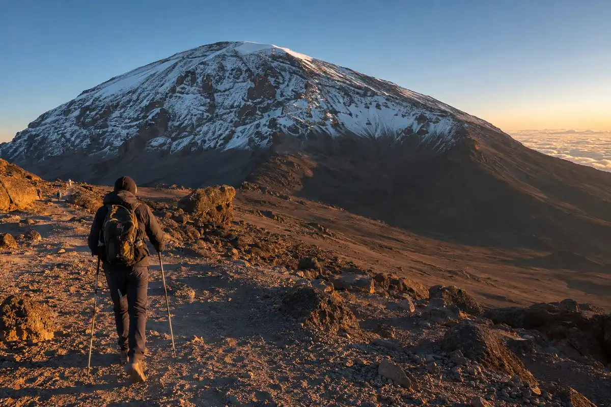 Hiker approaching the snow covered summit of Mount Kilimanjaro