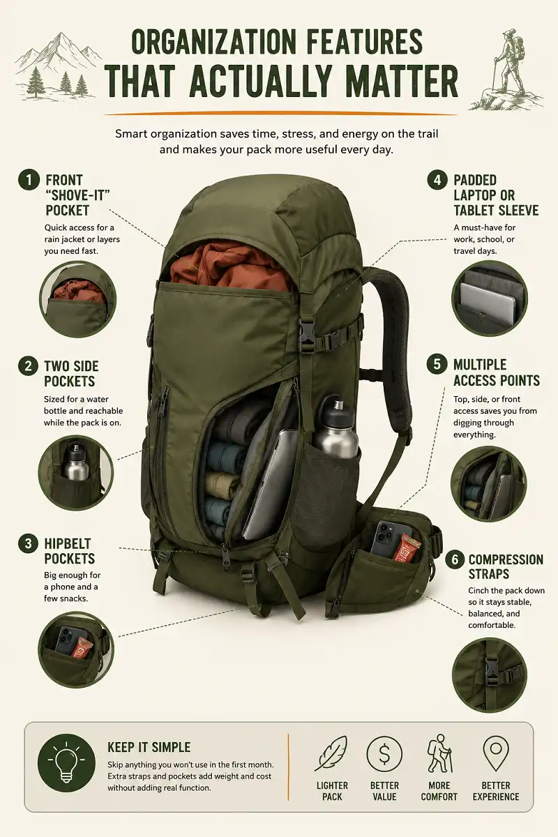 Infographic showing six essential backpack organization features for hiking and travel, including a front shove it pocket, side water bottle pockets, hipbelt pockets, padded laptop sleeve, multiple access points, and compression straps