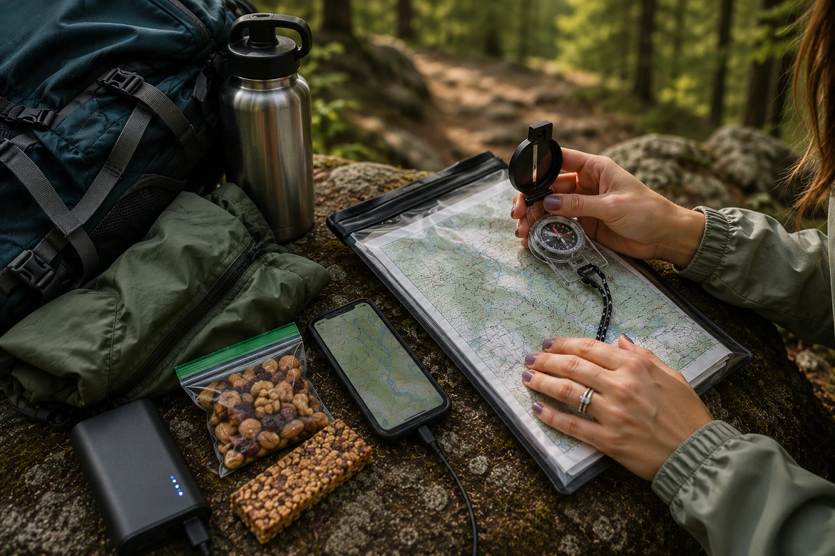 Hiking navigation gear including paper topographic map, compass, offline map smartphone, power bank, water, food and extra clothing