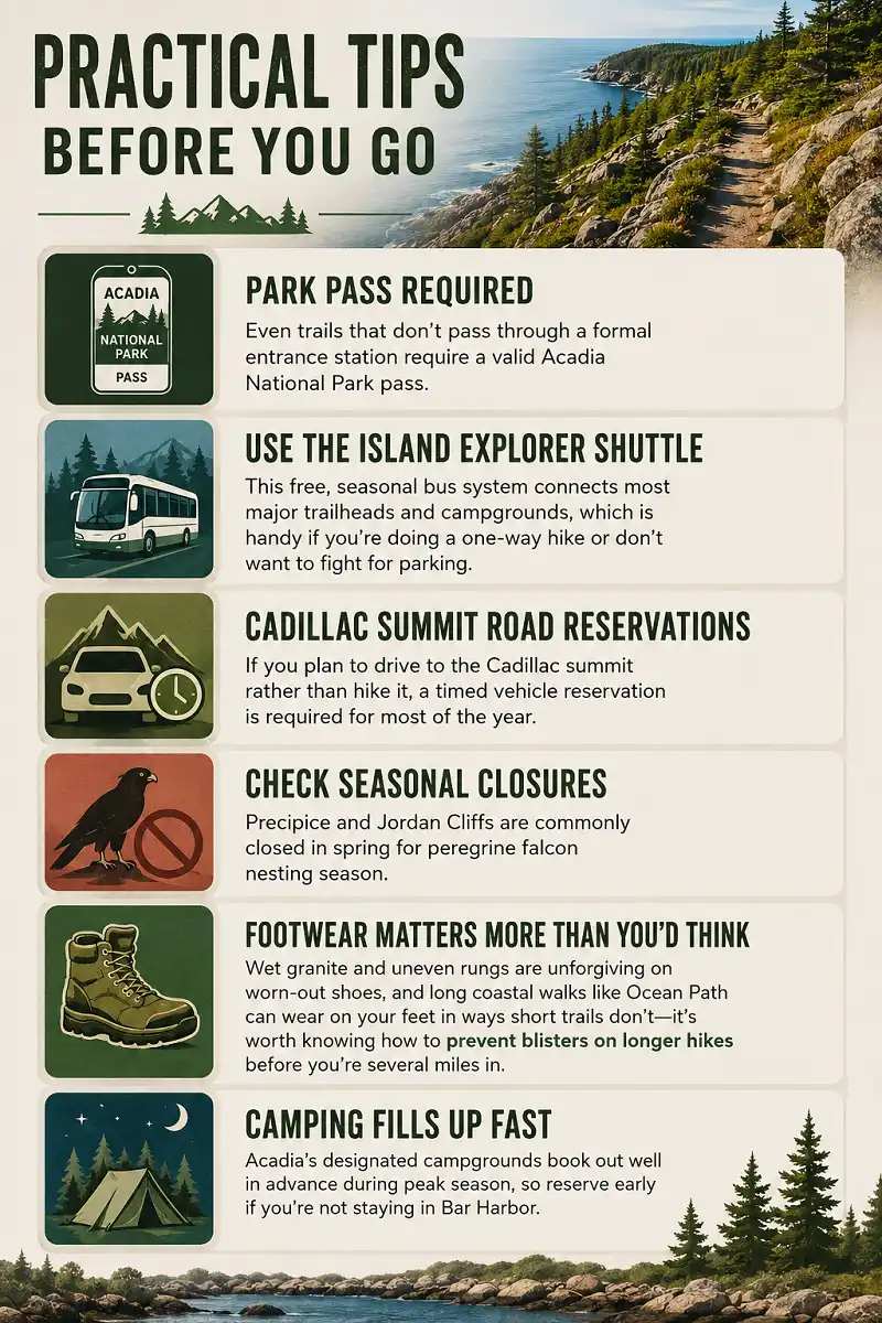 Infographic with practical Acadia National Park hiking and camping tips