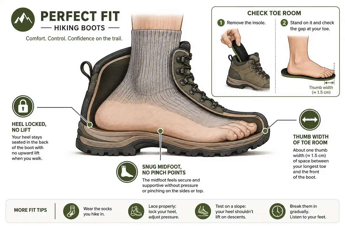 Cutaway of a hiking boot showing a snug heel, room at the toes, and even pressure across the foot