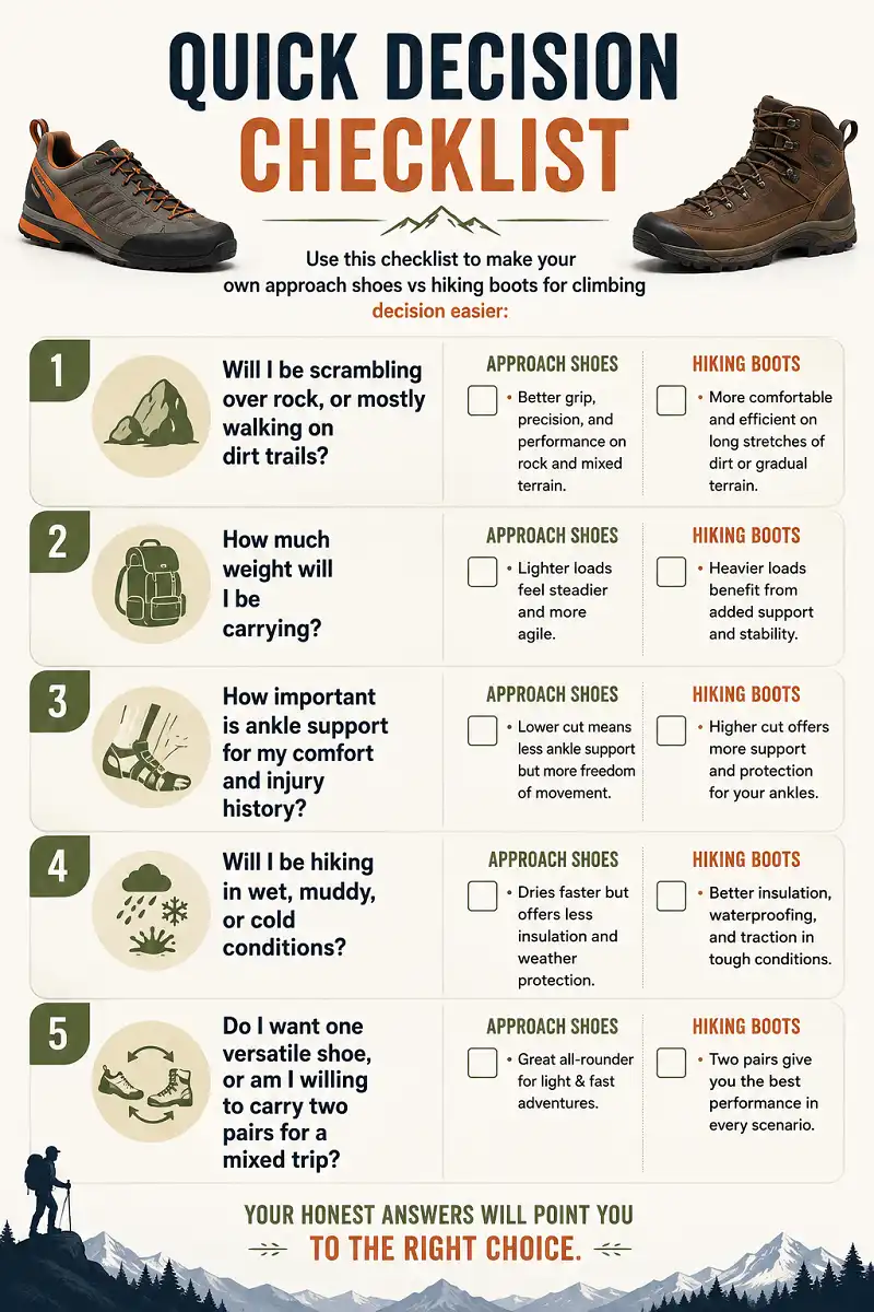 Checklist comparing approach shoes and hiking boots for climbing and hiking conditions