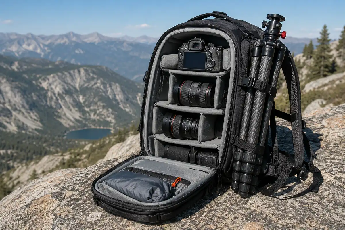 Rear access camera backpack opened on a rock showing camera and lenses