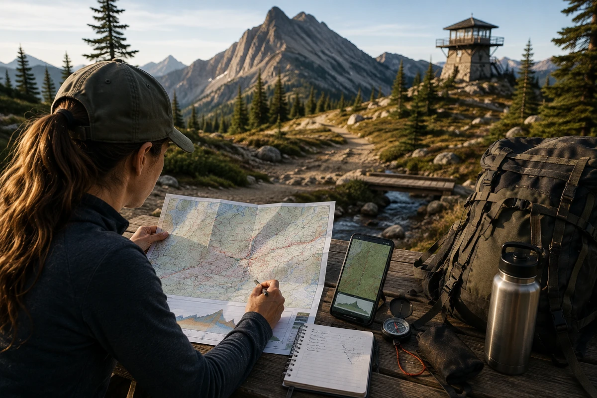 Hiker studying a trail map and elevation profile while planning a hiking route with landmarks and navigation checkpoints