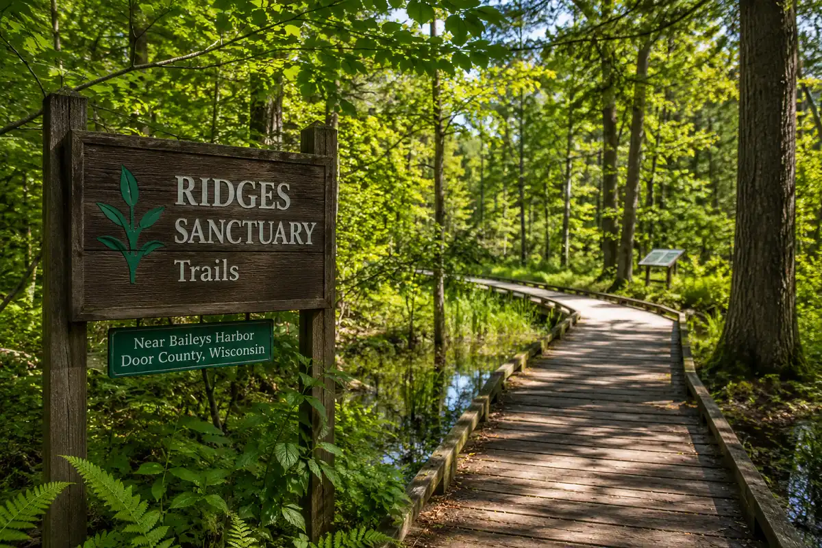 Ridges Sanctuary trail with a wooden boardwalk through forest and wetland