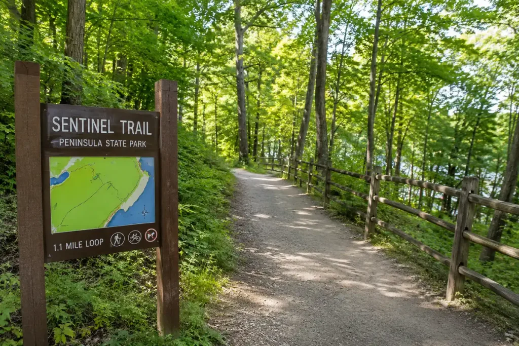 Peaceful forest path on Sentinel Trail at Peninsula State Park