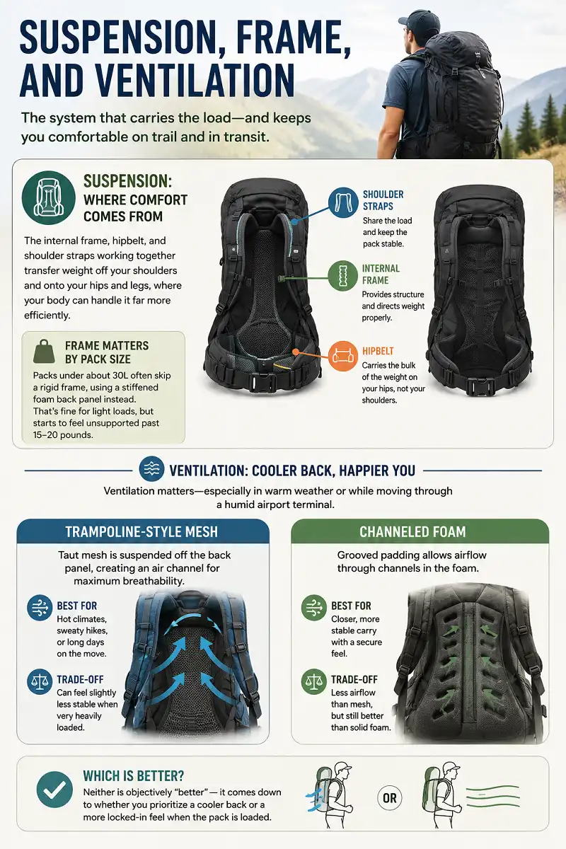 Infographic comparing backpack suspension systems, internal frames, hipbelts, trampoline style mesh, and channeled foam ventilation for comfortable hiking and travel