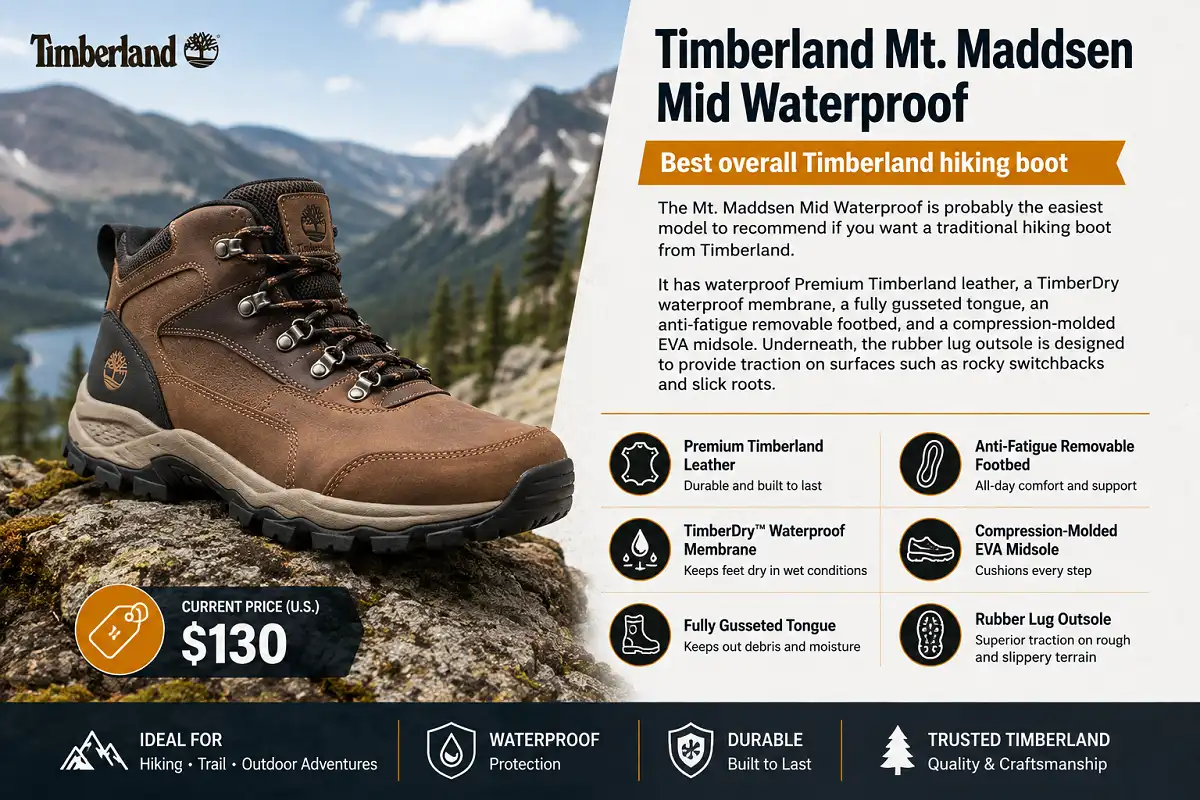 Timberland Mt. Maddsen Mid Waterproof hiking boot with key features and $130 price
