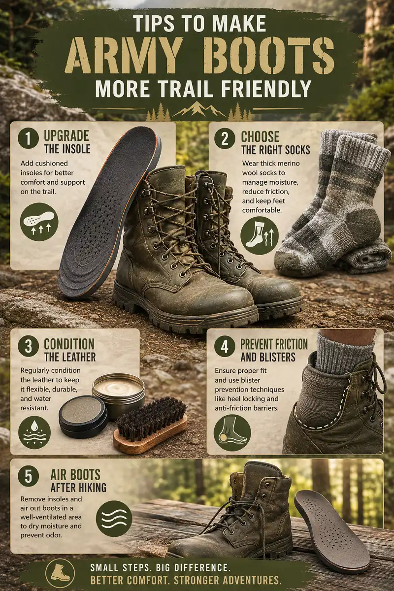 Infographic showing five tips for making army boots more comfortable for hiking trips