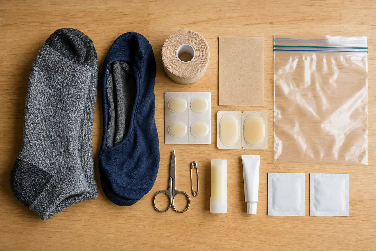 A small hiking foot care kit with spare socks, tape, blister bandages, scissors, balm, and wipes arranged on a table