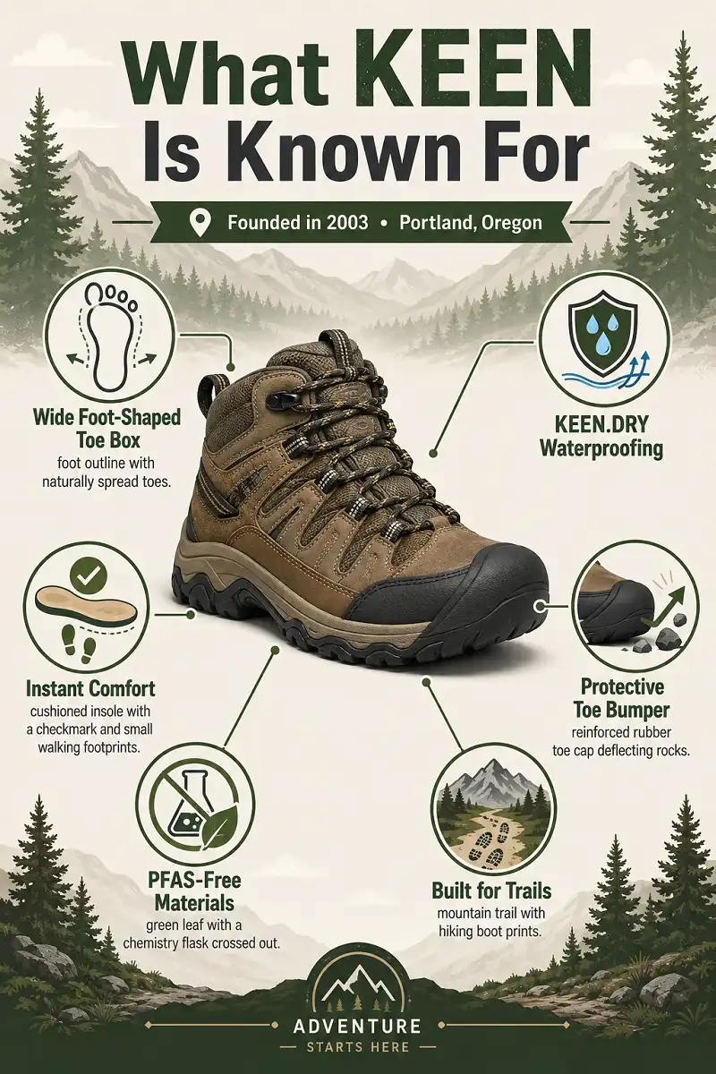 Infographic explaining what KEEN is known for, including its wide toe box, KEEN.DRY waterproof technology, out-of-the-box comfort, protective rubber toe bumper, PFAS-free construction, and Portland origins