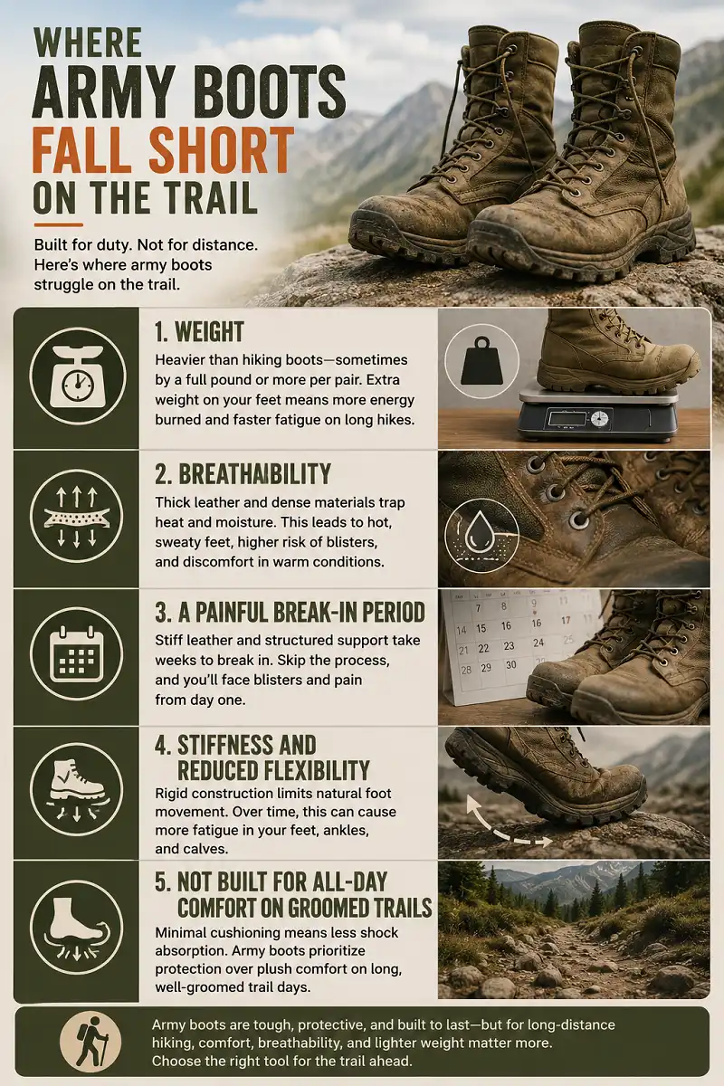 Infographic showing five drawbacks of army boots for hiking including weight, breathability, break-in period, stiffness, and limited comfort