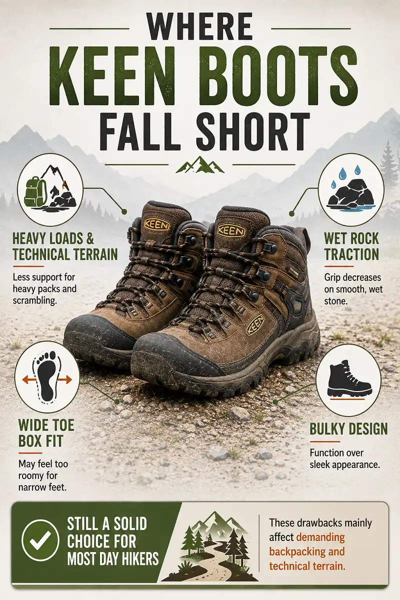 Infographic showing the main drawbacks of KEEN hiking boots, including limited support for heavy backpacking, weaker grip on wet rock, wide toe box for narrow feet, and bulky design