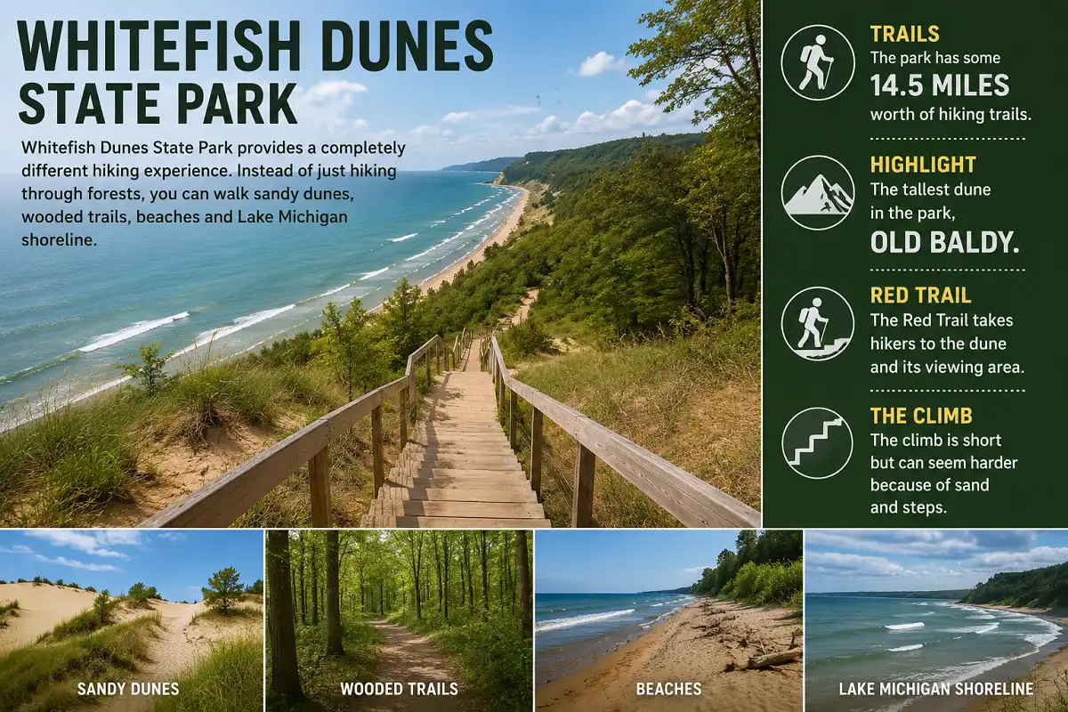 Whitefish Dunes State Park hiking trail overlooking sandy dunes and Lake Michigan
