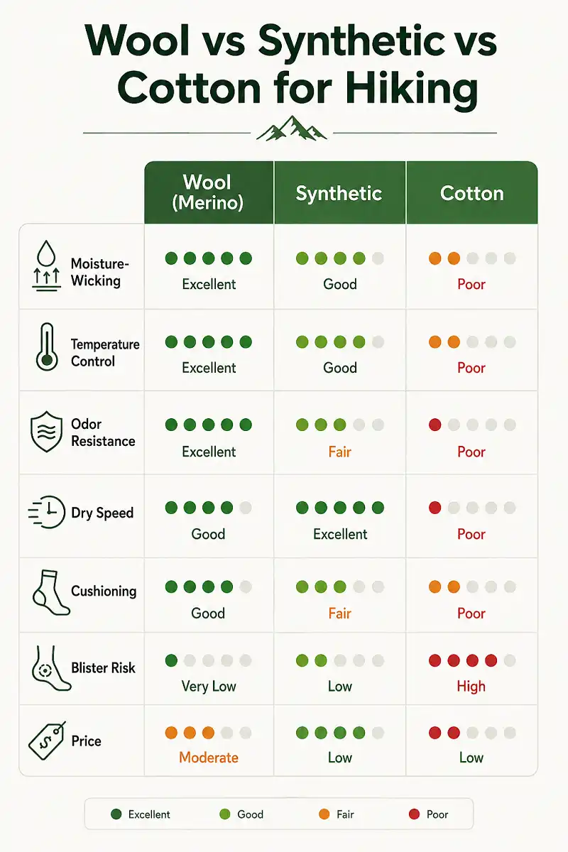 Comparison of wool synthetic and cotton hiking socks
