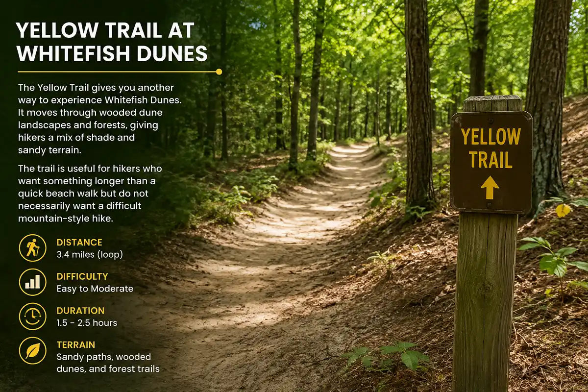Yellow Trail through wooded dunes and sandy forest at Whitefish Dunes