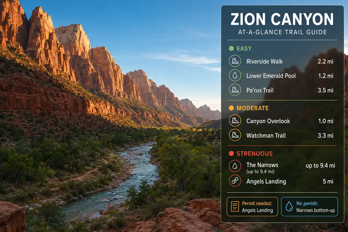 Zion Canyon with top hiking trails labeled by difficulty and key trail details