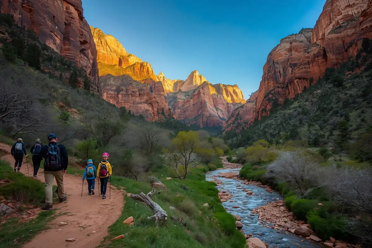 Hikers of different experience levels walk along a scenic trail on Zion National Park's canyon floor, surrounded by towering red sandstone cliffs and the Virgin River under a clear blue sky.